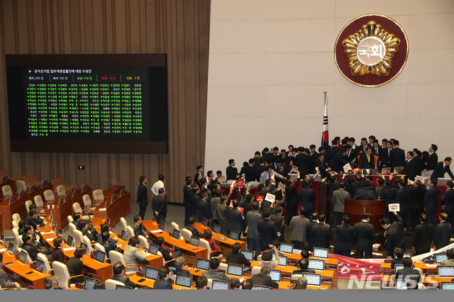 [서울=뉴시스] 고승민 기자 = 27일 서울 여의도 국회에서 열린 제373회국회(임시회) 제1차 본회의에서 공직선거법 일부개정법률안이 가결되고 있다. 2019.12.27.kkssmm99@newsis.comnewsis.com