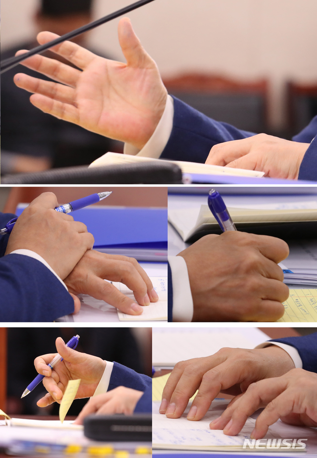 [서울=뉴시스]김명원 기자 = 추미애 법무부장관 후보자가 30일 오후 서울 여의도 국회 법제사법위원회에서 열린 법무부장관 후보자 인사청문회에 참석해 의원들의 질의에 답하고 있는 가운데 표정보다도 더 다양한 손모습을 보이고 있다. 2019.12.30.&nbsp; kmx1105@newsis.com 