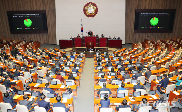 [서울=뉴시스] 장세영 기자 = 고위공직자범죄수사처(공수처) 법안이 30일 서울 여의도 국회에서 열린 제374회 국회(임시회) 제1차 본회의에 상정되어 가결되고 있다. 2019.12.30.&nbsp; photothink@newsis.com