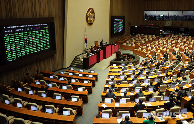 [서울=뉴시스] 이종철 기자 = 문희상 국회의장이 자유한국당 의원들의 강한 반발에도 불구하고 30일 오후 서울 여의도 국회 본회의장에서 공수처법을 통과시키고 있다. 2019.12.30.jc4321@newsis.com