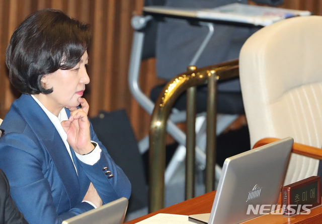 [서울=뉴시스]김명원 기자 = 법무부 장관 인사청문회를 받고 있는 추미애 법무부 장관 후보자가 30일 오후 서울 여의도 국회 본회의장에서 '고위공직자범죄수사처 설치법안(일명 공수처법)'에 대해 투표하기 위해 자리하고 있다. 2019.12.30.&nbsp; kmx1105@newsis.com