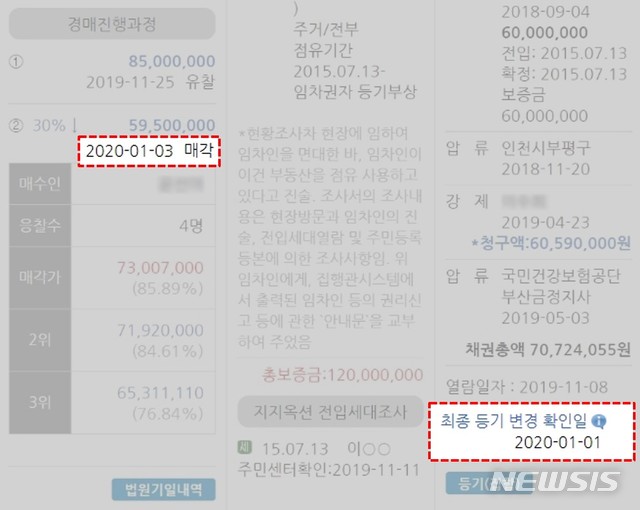 [서울=뉴시스] 입찰일 이틀 전에 등기부의 변경 여부를 확인한 화면. (제공 = 지지옥션)