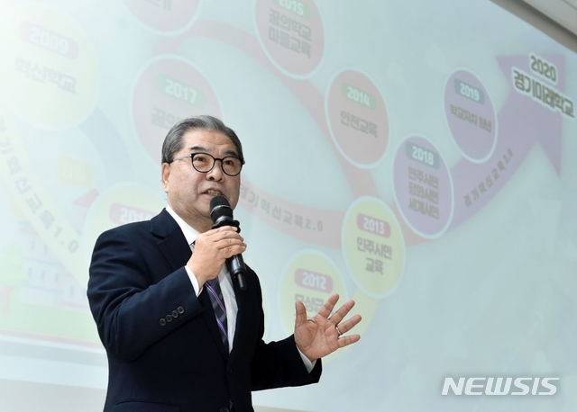 [수원=뉴시스] 8일 경기도교육청 방촌홀에서 신년 기자회견을 하고 있는 이재정 경기도교육감. 2020.1.8. (사진= 경기도교육청 제공) photo@newsis.com 