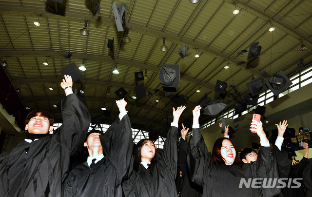 [대구=뉴시스] 이무열 기자 = 폐교로 인해 마지막 졸업식이 열린 8일 오전 대구 달서구 죽전중학교 강당에서 제35회 졸업생들이 학사모를 던지고 있다. 2020.01.08. lmy@newsis.com