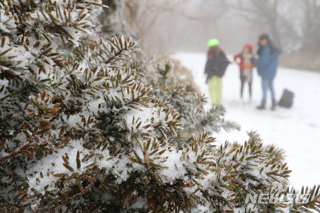 [제주=뉴시스]우장호 기자 = 추운 날씨를 보인 지난 8일 제주 한라산에 관광객들이 찾아와 모처럼 내린 하얀 눈을 배경으로 사진을 찍으며 즐거운 시간을 보내고 있다. 오전 한때 대설주의보가 내려졌던 한라산 진달래밭에는 7.6㎝의 눈이 내렸다. 2020.01.08. woo1223@newsis.com