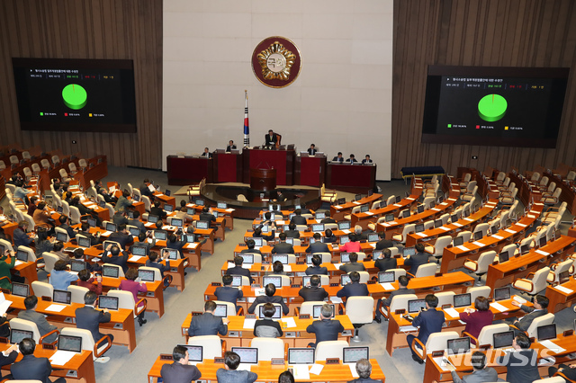 [서울=뉴시스] 고승민 기자 = 13일 서울 여의도 국회에서 열린 제375회국회(임시회) 제1차 본회의에서 형사소송법 일부개정법률안에 대한 수정안이 가결되고 있다. 2020.01.13.kkssmm99@newsis.com