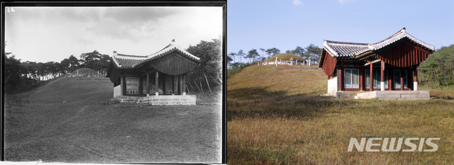 [서울=뉴시스] 1910년대(왼쪽)와 1980년대 촬영된 태조 현릉 전경. 원래 봉분의 직경은 11.56m, 높이 6.25m였지만 현재는 직경이 19m, 높이 8m로 커졌고, 고려 왕릉의 양식에 맞게 3단으로 분리해 석수와 망주석, 문인상, 무인상을 모두 새로 배치했다. (사진=미디어한국학 제공) 2020.01.18. photo@newsis.com