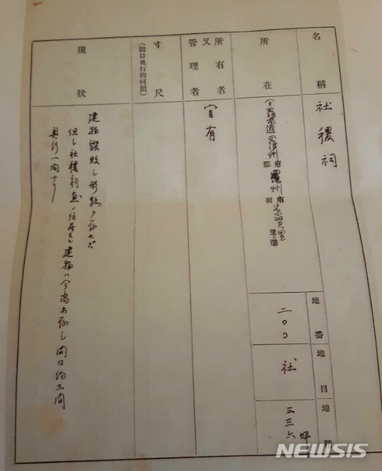 [나주=뉴시스] = 사진은 동신대학교 박물관자료. 전원주택단지 건립을 위해 부지 조성이 추진 중인 금성산 월정봉 기슭 일대 부지의 옛 지번 명칭이 '사직단'을 의미하는 '사직사(社稷祠)'로 표기돼 있는 것을 확인할 수 있다. (사진=뉴시스DB)