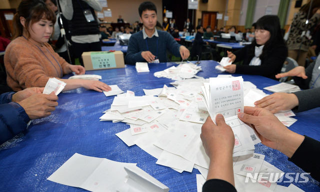 [의성=뉴시스] 이무열 기자 = 대구·경북 통합신공항 이전지 결정을 위한 투표가 실시된 21일 오후 경북 의성군 청소년센터에 마련된 개표소에서 선거관리위원회 관계자들이 개표 작업을 하고 있다. 2020.01.21.lmy@newsis.com