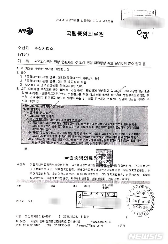 [수원=뉴시스] 박다예 기자 = 국립중앙의료원이 아주대병원 권역외상센터에 보낸 '권역외상센터 외상 중환자실 및 외상 병실 여유 병상 확보 운영 지침 준수 권고' 공문. 2020.01.23 pdyes@naver.com