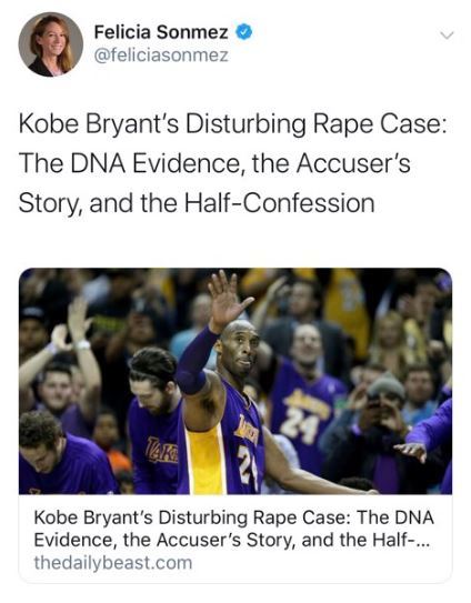 [서울=뉴시스]워싱턴포스트(WP) 펠리샤 손메즈가 미국프로농구(NBA) 전설 코비 브라이언트 사망 직후 그의 성폭행 혐의 관련 기사를 트윗해 살해 협박을 받았다. WP는 손메즈가 업무를 할 수 없도록 휴직 조치 했다. 손메즈는 해당 트윗을 내렸지만 다른 트위터 이용자들이 해당 트윗을 캡처했다. 사진은 트위터에 올라온 해당 트윗 캡처본. 2020.01.28