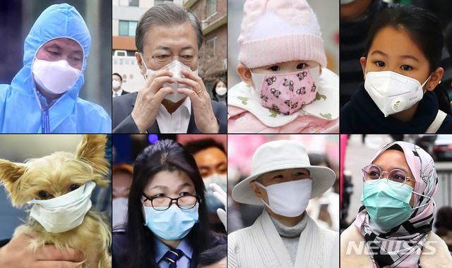 [서울=뉴시스]추상철 기자 = 신종 코로나바이러스 감염증(우한 폐렴) 확진자가 늘어난 28일 호흡기 질병 예방을 위한 마스크 착용이 대통령부터 반려동물까지 일반화되고 있다. 질병관리본부는 손 씻기, 마스크 착용, 옷소매로 가리고 기침하기 등 예방법과 중국 방문 후 감염증의 의심되면 1339 또는 보건소로 신고해달라고 홍보하고 있다. 2020.01.28.&nbsp; photo@newsis.com 