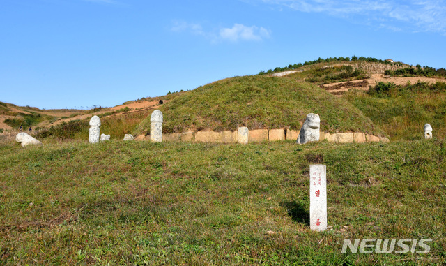 [서울=뉴시스] 서쪽에서 본 황해북도 개풍군 고남리 용수산 남쪽에 있는 정종의 안릉(安陵) 전경. 능 위쪽까지 옥수수밭으로 바뀐 것을 확인할 수 있다. (사진=평화경제연구소 제공) 2020.02.01. photo@newsis.com