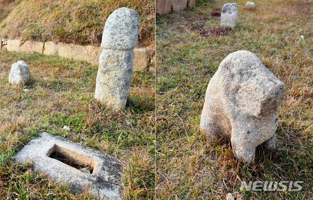 [서울=뉴시스] 고려 3대 정종의 안릉 앞에 남아 있는 사자상의 석수(오른쪽)와 봉분 주변의 난간 석주, 조선 후기에 세운 표식비 받침돌. 1910년대까지 왕릉임을 알려주는 비석이 세워져 있었지만, 현재 비는 없어졌다. (사진=평화경제연구소 제공) 2020.02.01. photo@newsis.com