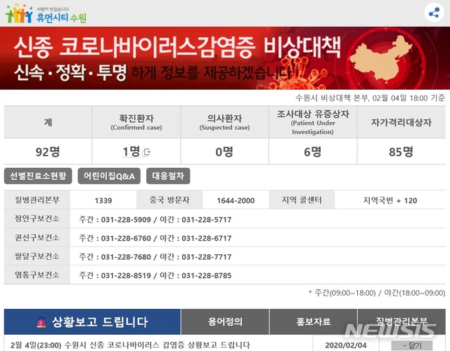 [수원=뉴시스] 박다예 기자 = 경기 수원시 홈페이지 팝업 화면. 신종 코로나바이러스 감염증(우한 폐렴) 발생 현황을 포함한 일일보고가 공개돼 있다. 2020.02.05 (사진 = 수원시 홈페이지 캡처)photo@newsis.com