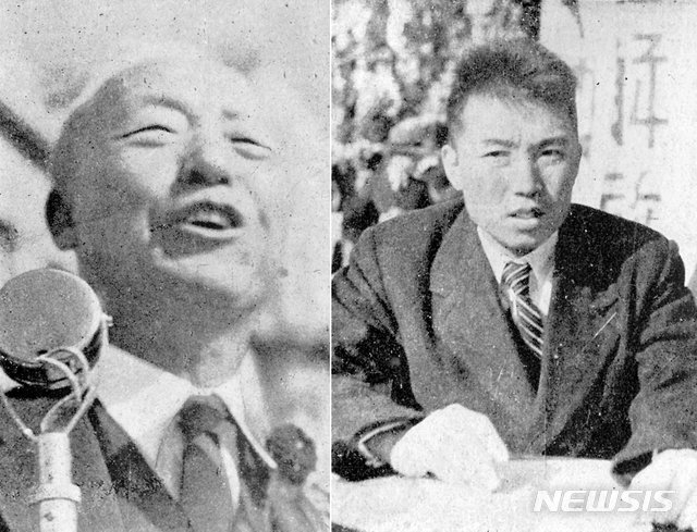 [서울=뉴시스] 1945년 10월 20일 서울 중앙청 앞에서 열린 서울시민 주최 연합국환영대회에서 연설하는 이승만(왼쪽)과 1945년 10월 14일 평양공설운동장에서 열린 환영대회에 모습을 드러낸 김일성. (사진=미디어한국학 제공) 2020.02.09. photo@newsis.com