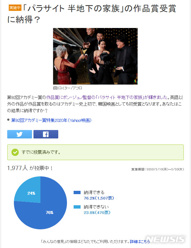 [서울=뉴시스] 일본 포털사이트 내 '기생충' 투표 (사진=홈페이지 캡처) 2020.02.11 photo@newsis.com