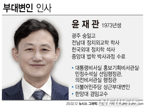 [서울=뉴시스]문재인 대통령은 12일 청와대 부대변인에 윤재관(47) 홍보기획비서관실 선임행정관을 임명했다. (그래픽=전진우 기자) 618tue@newsis.com