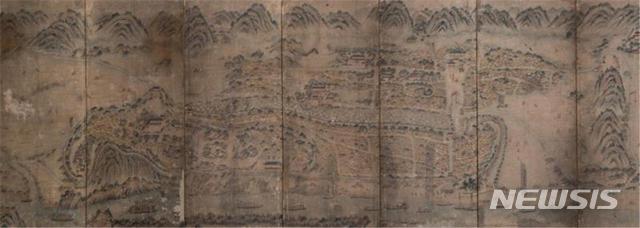  [부산=뉴시스] 허상천 기자 = 부산시립박물관은 올해 첫 ‘신수유물 소개전’으로 오는 18일부터 6월 14일까지 부산관 미술실에서&nbsp; ‘진주성도(晉州城圖)’ 10폭 병풍을 선보인다. 2020.02.14. (사진 = 부산박물관 제공) photo@newsis.com