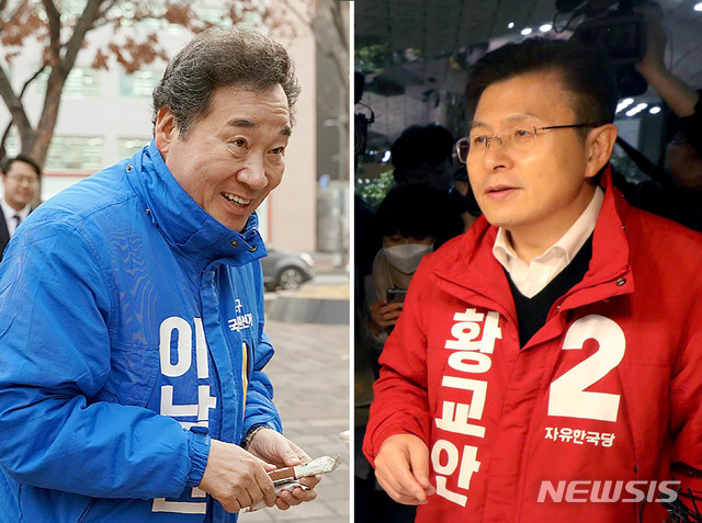 [서울=뉴시스]김선웅 기자 = 정치 1번지 종로 출마를 선언한 더불어민주당 이낙연(왼쪽 사진) 전 국무총리와 자유한국당 황교안 대표가 14일 오전 각각 서울 종로구 혜화역 앞에서 출근인사, 종각역 내 종로청년숲에서 청년사업가와 인사하고 있다. (왼쪽 사진=이낙연 전 총리 측 제공) 2020.02.14.&nbsp; mangusta@newsis.com 