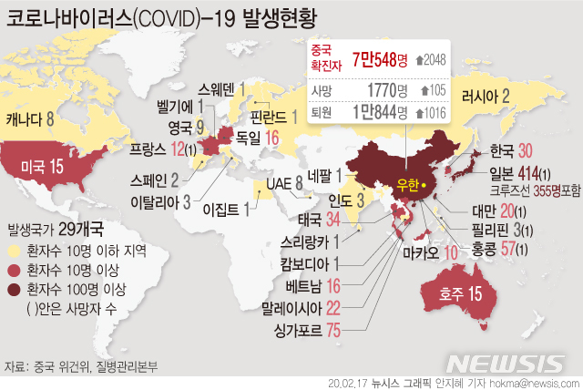 [서울=뉴시스]17일 오전 기준 일본 내 확진자는 크루즈선 다이아몬드 프린세스 355명을 합쳐서 414명에 달했다. (그래픽=안지혜 기자) hokma@newsis.com