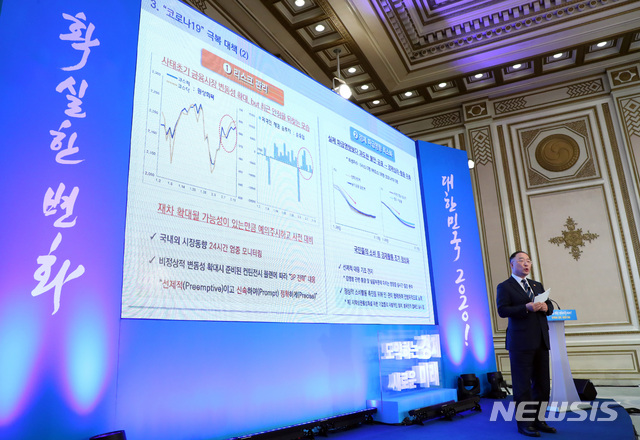[서울=뉴시스]배훈식 기자 = 홍남기 경제부총리 겸 기획재정부 장관이 17일 청와대 영빈관에서 열린 기획재정부, 산업통상자원부, 중소벤처기업부, 금융위원회 부처 업무보고에 참석해 기재부 업무보고를 하고 있다. 2020.02.17.&nbsp; dahora83@newsis.com