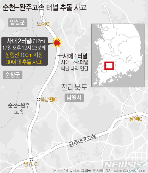 [서울=뉴시스][서울=뉴시스]18일 전북소방본부와 전북경찰청에 따르면 전날 낮 12시 23분께 발생한 순천~완주 간 고속도로 사매2터널에서 발생한 다중 추돌 사고의 사망자가 5명으로 늘었다. (그래픽=안지혜 기자) hokma@newsis.com