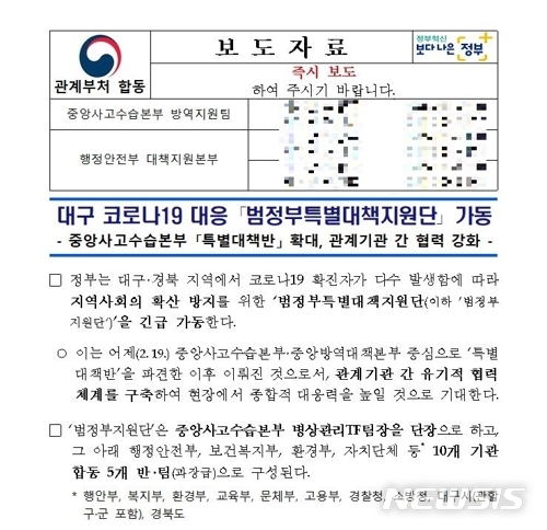 20일 정부가 중앙사고수습본부와 행정안전부 합동으로 배포한 코로나19 범정부 대응 관련 보도자료. '대구 코로나19 대응 범정부특별대책지원단 가동'이란 제목을 달았다.