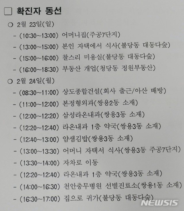 [천안=뉴시스]이종익 기자 = 충남 천안시가 25일 코로나19 확진자 40대 여성의 구두 진술로 23일부터 24일까지 확보한 동선을 공개했다. 2020.02.25. (사진=천안시 제공)photo@newsis.com