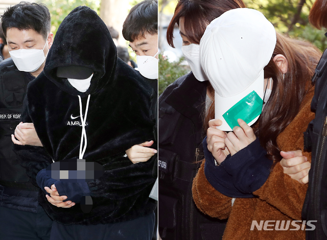 [인천=뉴시스] 이종철 기자 = 전 여자친구를 살해하고 시신을 가마니에 넣어 경인아라뱃길에 버린 20대 남성(왼쪽 사진)과 여성 공범이 영장실질심사를 받기 위해 27일 오후 인천시 미추홀구 인천지방법원에 출석하고 있다. 2020.02.27.jc4321@newsis.com