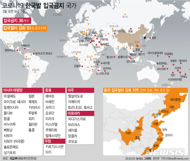[서울=뉴시스]외교부에 따르면 3일 오전 9시 기준 한국 출발 여행객에게 입국 금지 조치를 내리거나 입국 절차를 강화한 국가·지역은 총 87곳으로 집계됐다. (그래픽=전진우 기자)&nbsp; 618tue@newsis.com
