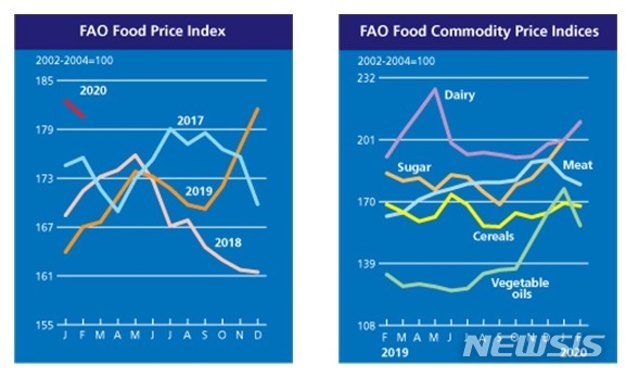 [세종=뉴시스]연도별 세계식량가격지수(왼쪽)와 품목별 가격지수. (자료 = 농림축산식품부 제공)
