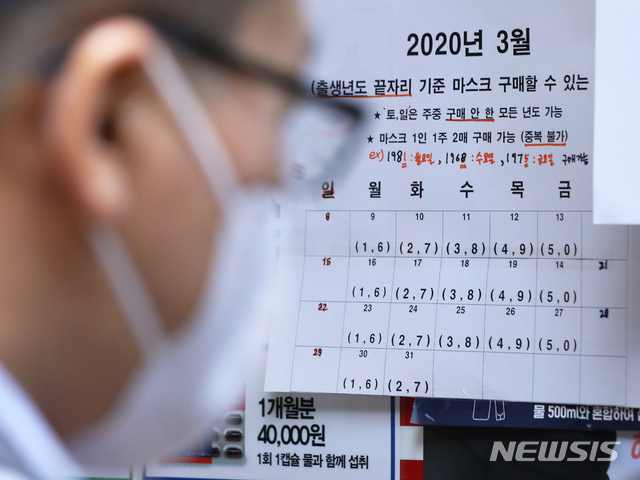 [서울=뉴시스]이윤청 기자 = 마스크 5부제가 시행된 9일 오전 서울 종로구의 한 약국에서 출생년도가 1,6으로 끝나는 시민들이 마스크를 구매하기 위해 대기하고 있다. 출생연도 끝자리가 '1, 6'이면 월요일, '2, 7'은 화요일, '3, 8'은 수요일, '4, 9'는 목요일, '5, 0'은 금요일에 마스크를 구매할 수 있다. 2020.03.09.&nbsp; radiohead@newsis.com 