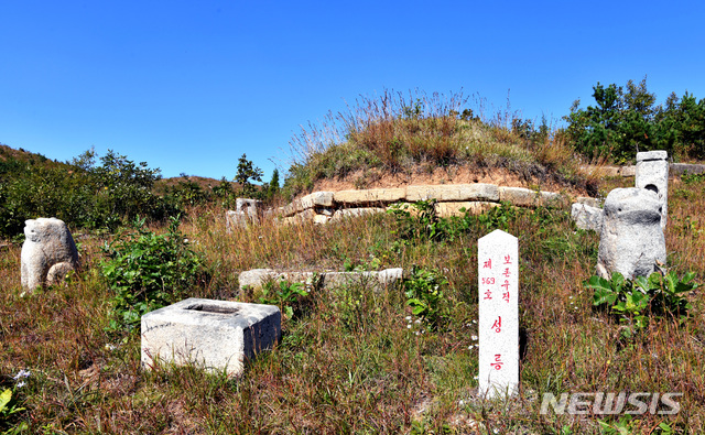 [서울=뉴시스] 북한 개성직할시 진봉리 진봉산 남쪽에 있는 고려 12대 순종(順宗)의 무덤인 성릉(成陵) 전경. 남쪽에는 보존유적 568호로 알려져 있지만 무덤 표지석에는 569호로 돼 있는 게 확인된다. (사진=평화경제연구소 제공) 2020.03.14. photo@newsis.com