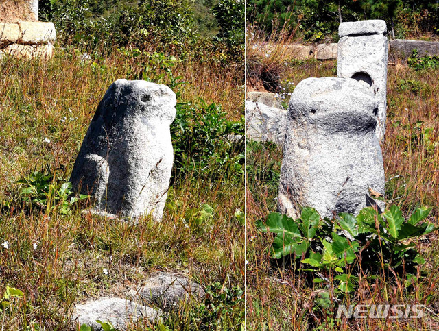 [서울=뉴시스] 북한 개성직할시 진봉리 진봉산 남쪽에 있는 고려 12대 순종(順宗)의 무덤인 성릉(成陵)의 1단 서쪽에 있는 석수(石獸) 모습(왼쪽)과 동쪽에 있는 석수. (사진=평화경제연구소 제공) 2020.03.14. photo@newsis.com