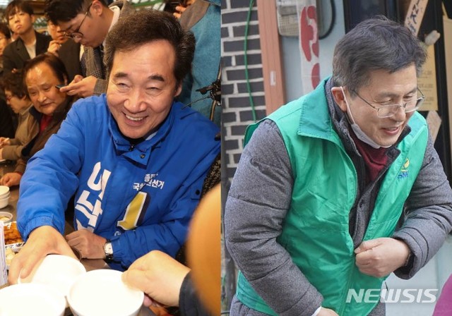 [서울=뉴시스] 사진 = 왼쪽부터 더불어민주당의 이낙연 전 국무총리, 황교안 미래통합당 대표 