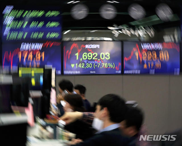 [서울=뉴시스]이윤청 기자 = 장중 코스피지수가 지속적으로 폭락세를 이어가고 있는 13일 오전 서울 중구 하나은행 딜링룸에서 딜러들이 업무를 보고 있다. 2020.03.13.&nbsp; radiohead@newsis.com 