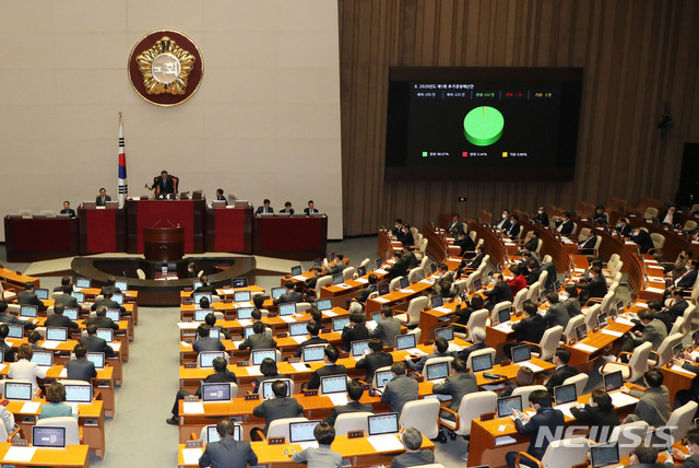 [서울=뉴시스] 김진아 기자 = 17일 서울 여의도 국회에서 열린 본회의에서 2020년도 제1회 추가경정예산안이 통과되고 있다. 2020.03.17.&nbsp; bluesoda@newsis.com