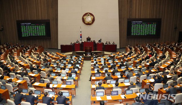 [서울=뉴시스] 김진아 기자 = 17일 서울 여의도 국회에서 열린 본회의에서 2020년도 제1회 추가경정예산안이 투표가 진행되고 있다. 2020.03.17. bluesoda@newsis.com