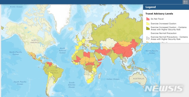 [서울=뉴시스] 미 국무부 여행 경보 현황. (그림/ 미 국무부 홈페이지 캡처)  photo@newsis.com