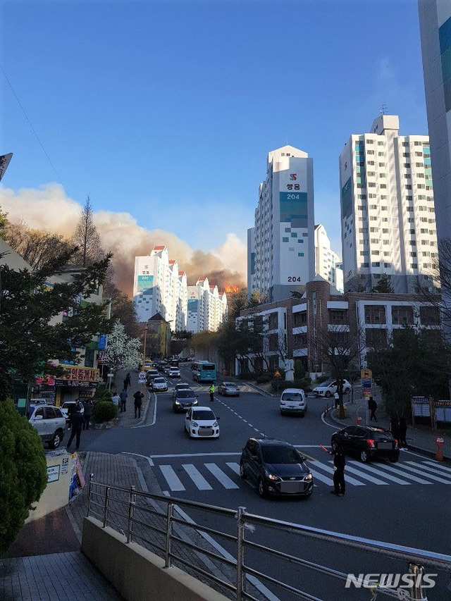 [울산=뉴시스] 구미현 기자 = 19일 오후 울산시 울주군 웅촌면 대복리 인근 야산에서 발생한 산불이 강풍으로 번지자 청량면 쌍용하나빌리지 아파트 주민들이 차량을 이용해 대피하고 있다. 2020.03.19. gorgeouskoo@newsis.com