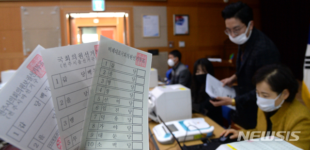 [전주=뉴시스] 김얼 기자 = 제21대 국회의원선거를 26일 앞둔 19일 전북 전주시 완산구 효자5동 사전투표소(전북도청 대강당)에서 효자동 주민센터 관계자들이 투표용지를 인쇄하며 모의시험을 하고 있다. 2020.03.19.pmkeul@newsis.com
