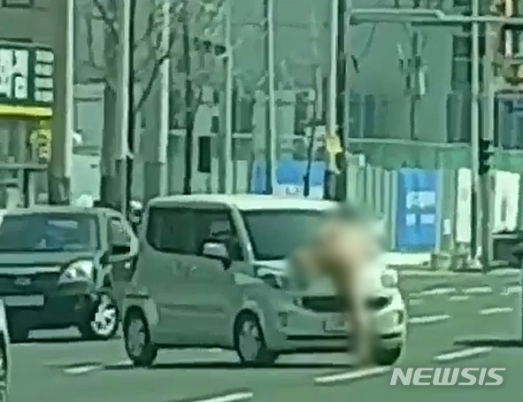 [울산=뉴시스] 박수지 기자 = 지난 22일 오전 11시30분께 남구 삼산동 농수산물도매시장 앞 도로에서 30대 A씨가 나체로 차량에 올라타 폭력을 행사하고 있다.(사진=독자 제공) photo@newsis.com