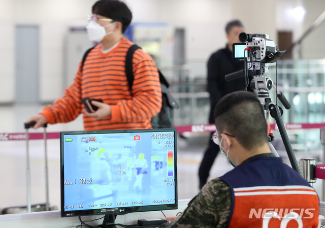 [제주=뉴시스]우장호 기자 = 신종 코로나바이러스 감염증(코로나19)이 확산 중인 24일 제주국제공항 3층 국내선 출발 탑승장 앞에 이용객 발열검사를 위한 열화상 감지 카메라가 운용 중이다. 2020.03.24.&nbsp; woo1223@newsis.com