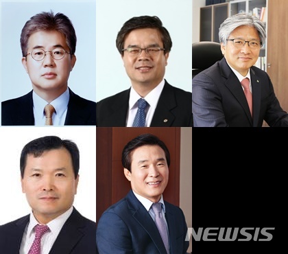 [서울=뉴시스] 왼쪽부터 새롭게 CEO로 선임된 이영창 신한금융투자 사장, 오익근 대신증권 사장, 서병기 IBK 투자증권 사장, 최병철 현대차증권 사장, 박봉권 교보증권 각자대표의 모습.(자료제공=각 증권사)