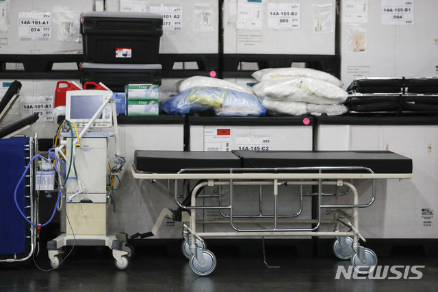 [뉴욕=AP/뉴시스] 23일(현지시간) 미국 뉴욕 제이컵 재비츠 컨벤션 센터에서 촬영한 의료 물품의 사진. 코로나 19로 환자가 폭증하자, 미국 병원에서는 인공호흡기 부족사태가 벌어지고 있다. 2020.03.31.