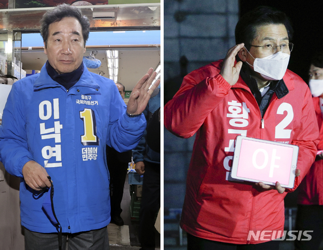 [서울=뉴시스]최진석 기자 = 이낙연(왼쪽) 더불어민주당 후보가 제21대 총선 선거운동이 공식적으로 시작된 2일 오전 출마 지역인 서울 종로구 한 마트를 찾아 선거운동을 하고 있다. 오른쪽은 사진은 황교안 미래통합당 후보가 제21대 총선 선거운동이 기작되기 전인 1일 서울 종로구 광화문 광장에서 '나라 살리기 경제 살리기 출정 선언 기자회견'을 하는 모습. 2020.04.02. myjs@newsis.com