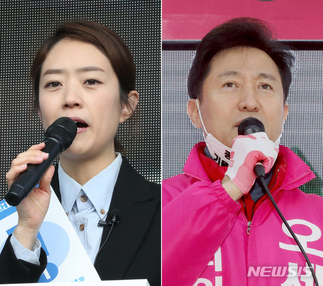 [서울=뉴시스]전진환·김병문 기자 = 광진을에 출마한 고민정(왼쪽 사진) 더불어민주당 후보와 오세훈 미래통합당 후보가 제21대 총선 공식 선거운동 첫날인 2일 오전 각각 서울 광진구 자양사거리와 건대입구역 롯데백화점 앞에서 선거운동을 하고 있다. 2020.04.02. photo@newsis.com