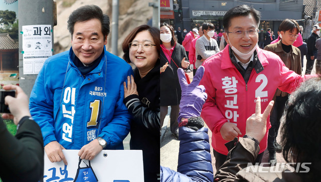 [서울=뉴시스] 최동준 고승민 기자 = 이낙연 더불어민주당 종로구 후보가 3일 오전 서울 종로구 부암동 일대에서 출근길 시민들에게 지지를 호소하며 기념촬영을 하고 있다(왼쪽). 황교안 미래통합당 종로구 후보가 종로구 이화동 일대에서 유세를 하고 있다. 2020.04.03.&nbsp; photocdj@newsis.com 