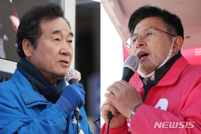 [서울=뉴시스] 김진아 기자 = 이낙연 더불어민주당 종로구 후보가 4일 서울 종로구 명륜동에서 거리유세를 하고 있다(왼쪽). 황교안 미래통합당 종로구 후보가 4일 서울 종로구 재동초등학교 앞 삼거리에서 거리유세를 하고 있다. 2020.04.04.&nbsp; bluesoda@newsis.com